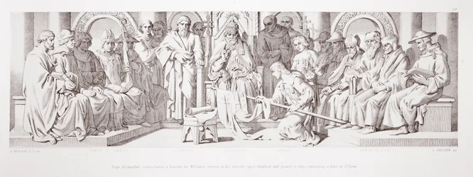 O papa Alexandre consagra uma bandeira para o serviço de Guilherme em sua descida à Inglaterra e concede um anel contendo um pêlo de São Pedro, de "A História da Conquista Normanda", gravado por L. Gruner,